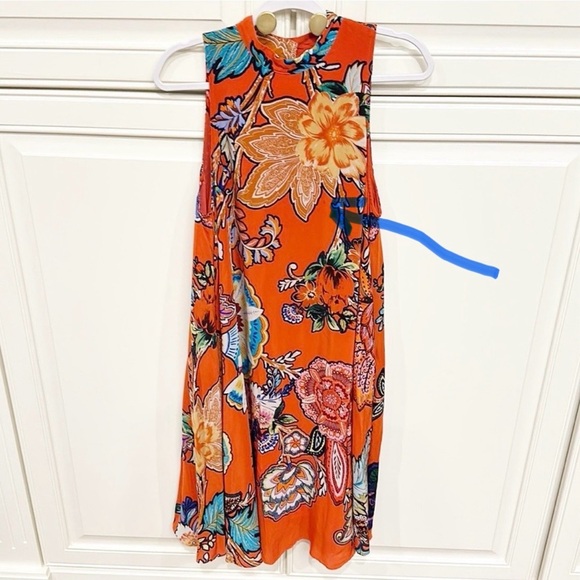 Anthropologie Maeve Larkhill Mockneck Women Orange Floral Sleeveless Swing Dress - Picture 12 of 13